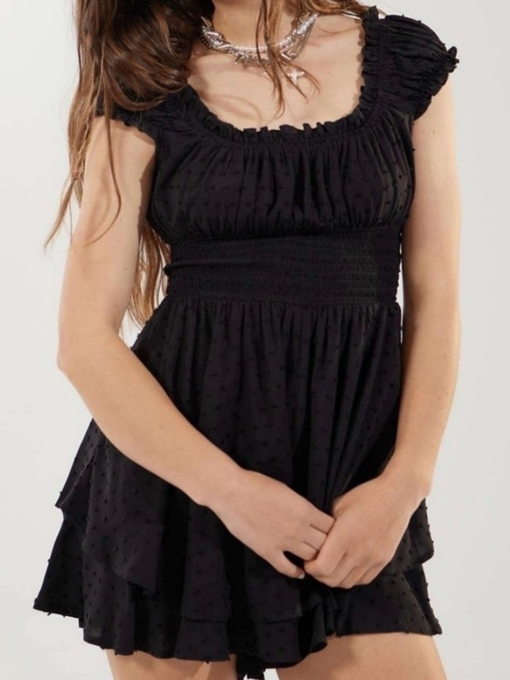 Urban Outfitters Rosie Smocked Tiered Ruffle Swiss Dot Romper Black size medium